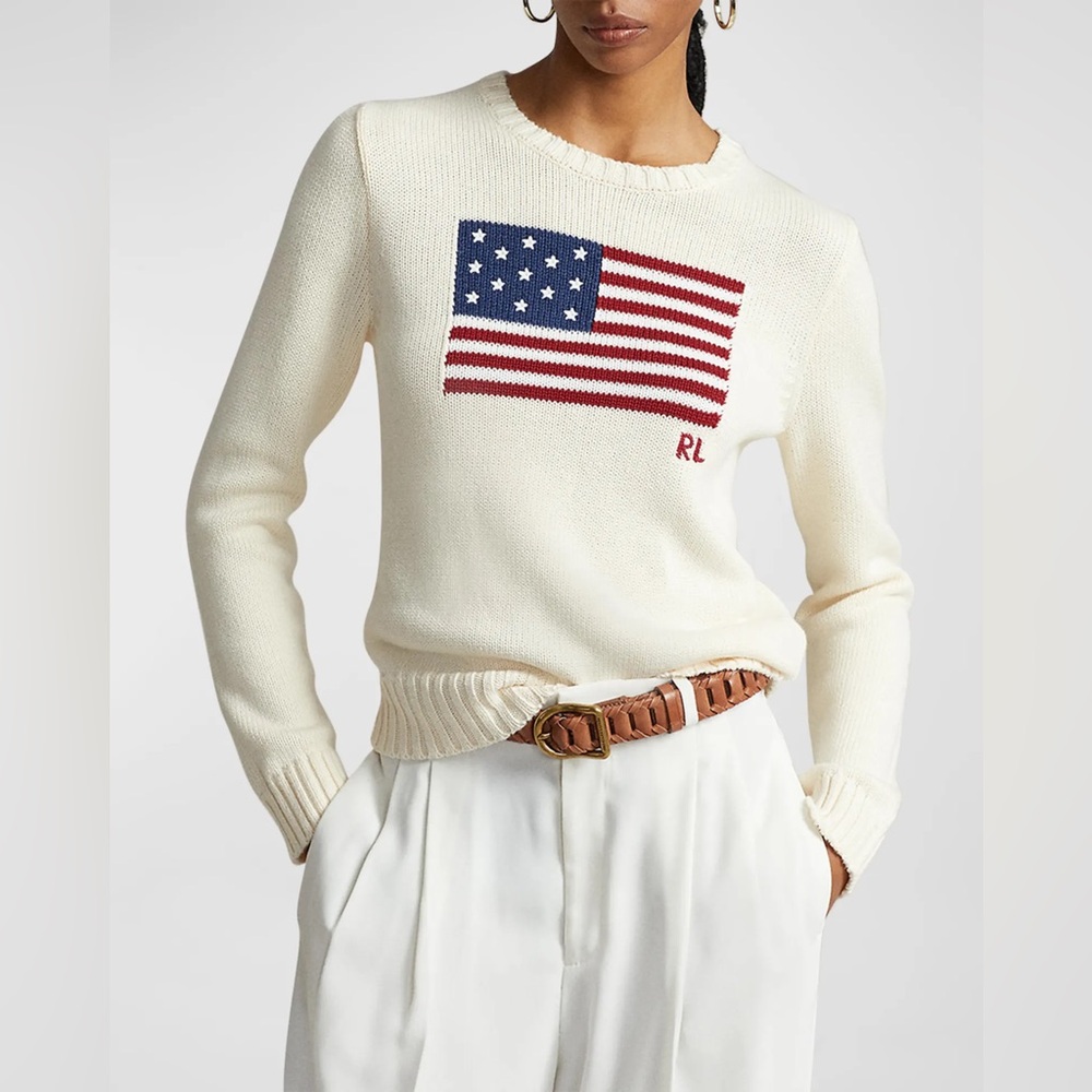 Ralph Lauren American Flag Sweater Knit USA Size Medium Cream White - Picture 9 of 15